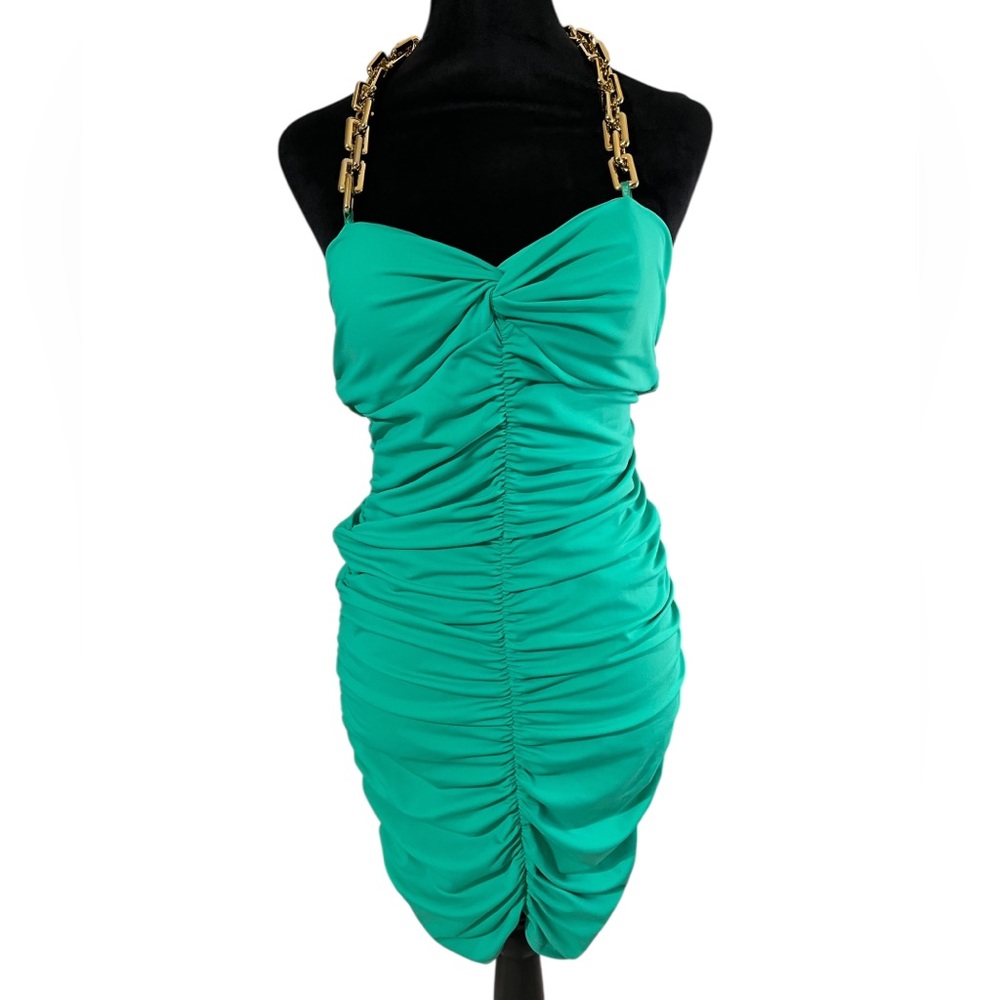 Green Ruched Dress with Gold Chain halter Straps, Large,New - Picture 3 of 6